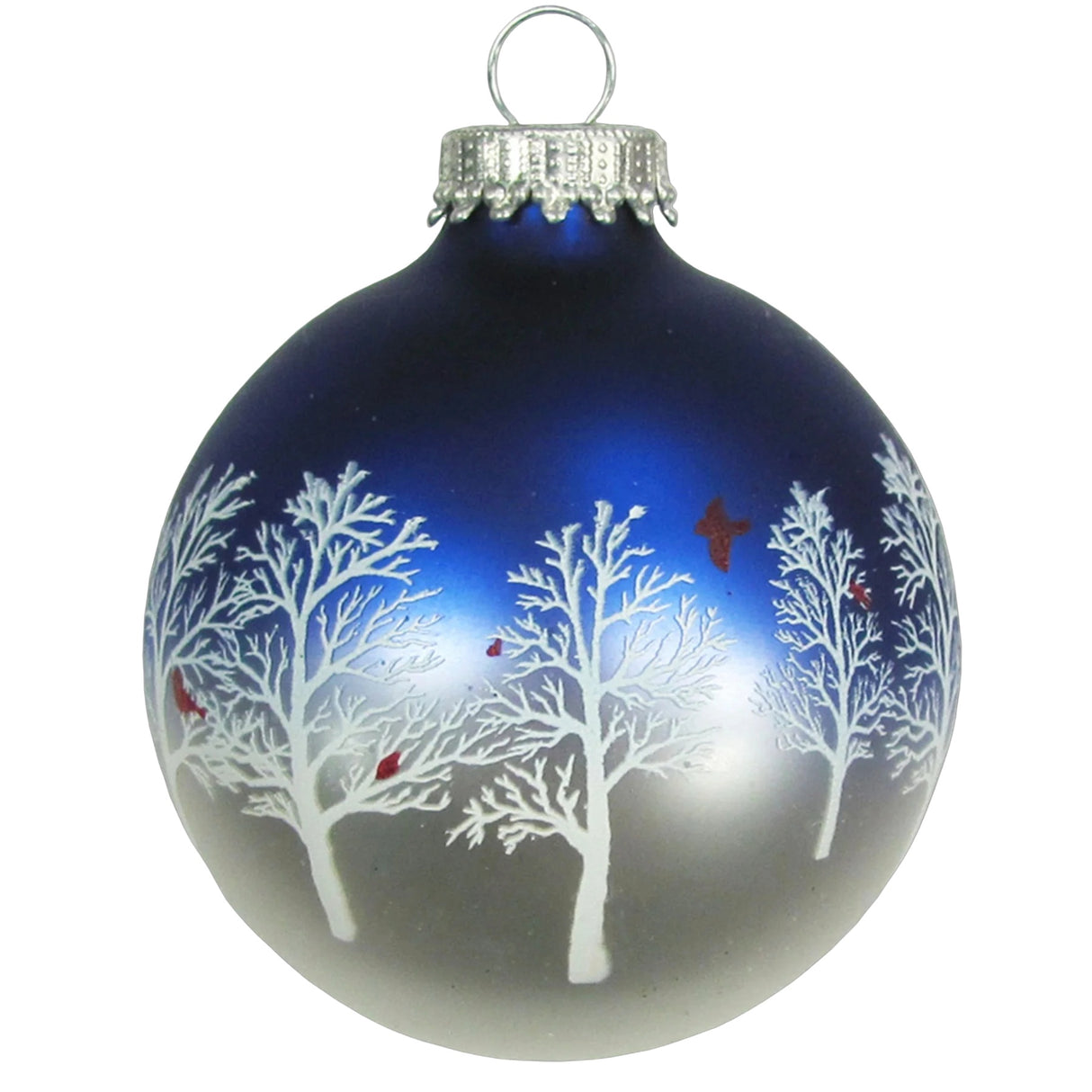 This image shows the round ornament on a white background. There's a silver cap, the top of the ornament is navy blue and the bottom is silver/white. There are white trees and red cardinals.