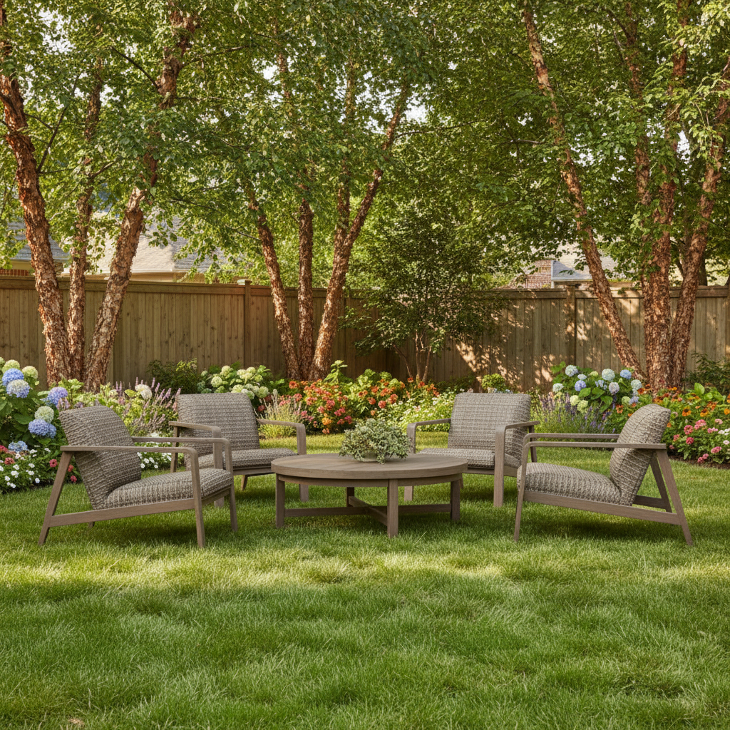 This is a lifestyle image showing this patio furniture set in grassy backyard with a wooden fence around it and a bunch of pretty flowers and trees.