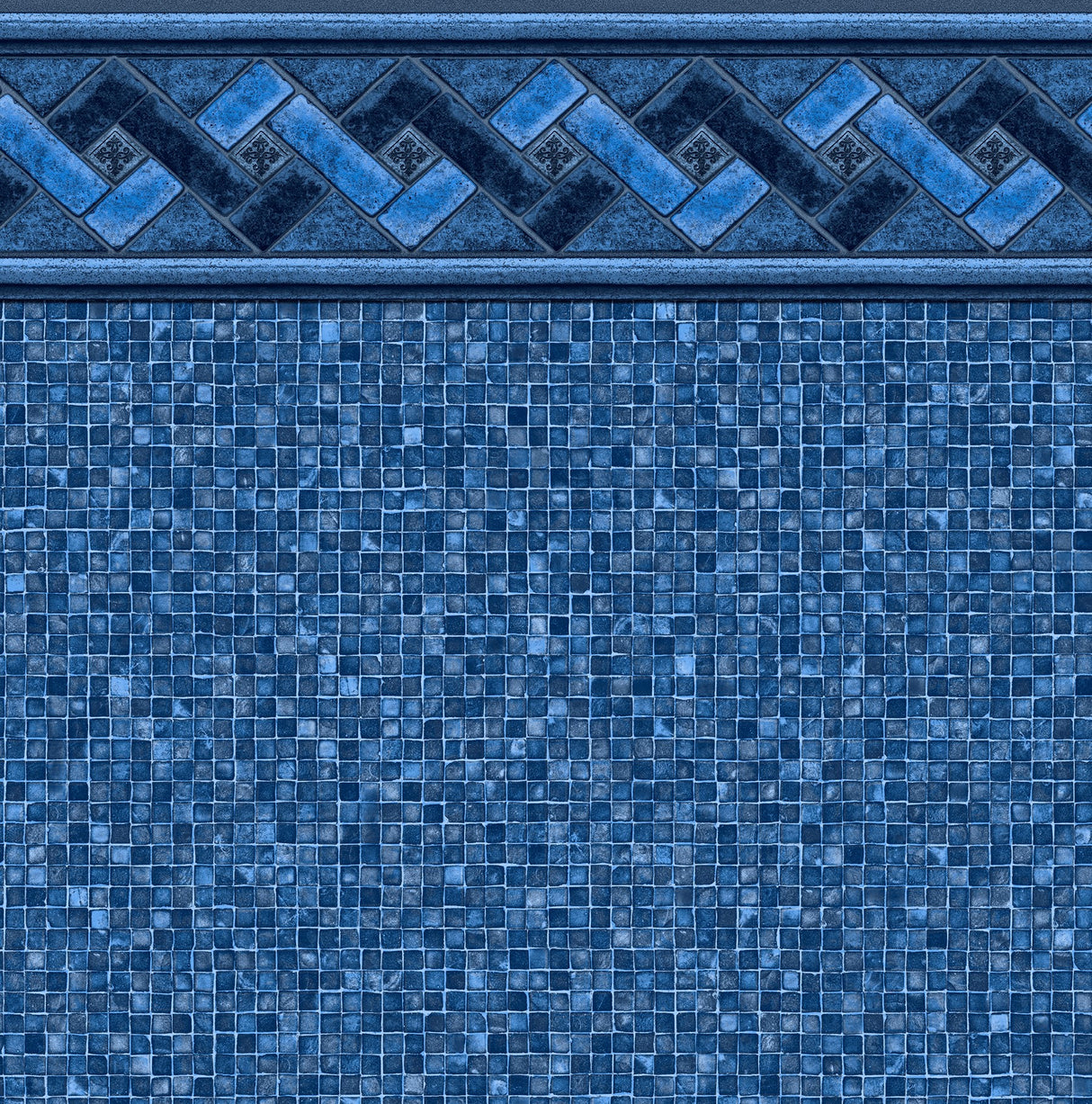This is an up close view of this specific pool liner. The colors are all different shades of blue. The top of the liner is an intricate design and the bottom looks like tiny tiles.