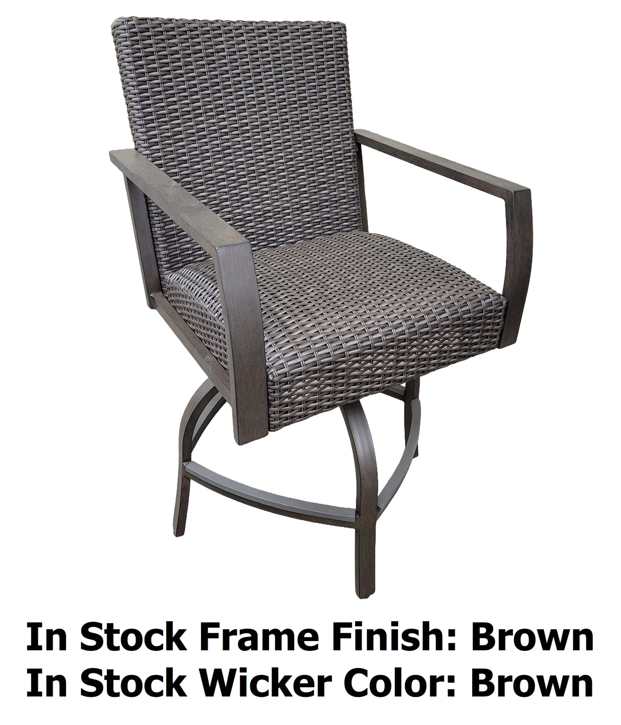 This image shows what this bar height stool looks like on a white background. The photo reads "In stock frame finish: Brown. In stock wicker frame: Brown."