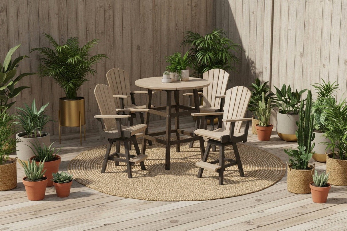 This is a lifestyle image showing the counter height patio set on an outdoor rug on a wooden deck surrounded by potted plants.