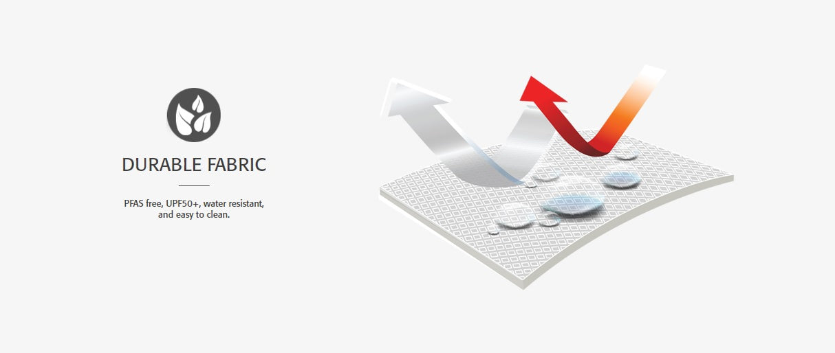 This furniture cover is made of durable fabric that is PFAS free, UPF50+, water resistant and easy to clean.