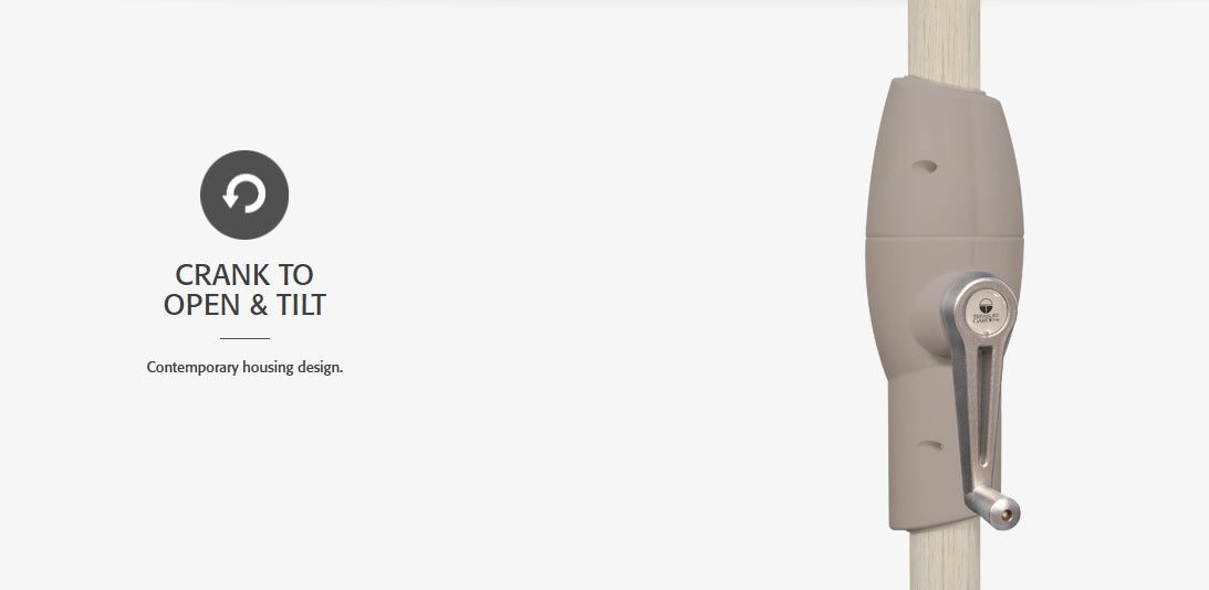 Crank to open and tilt! This umbrella has a contemporary housing design so it's easy to open and tilt this umbrella.