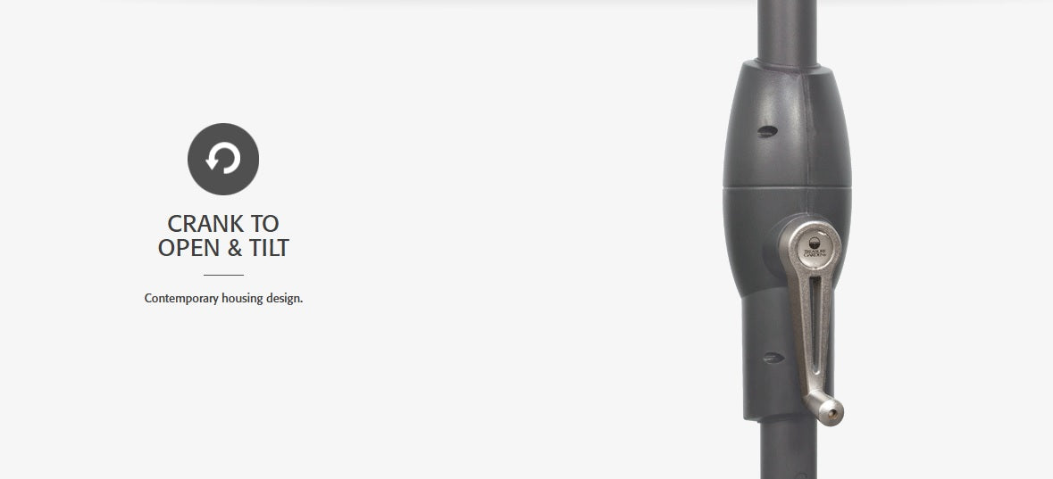 Crank to open and tilt. This umbrella has a contemporary housing design.