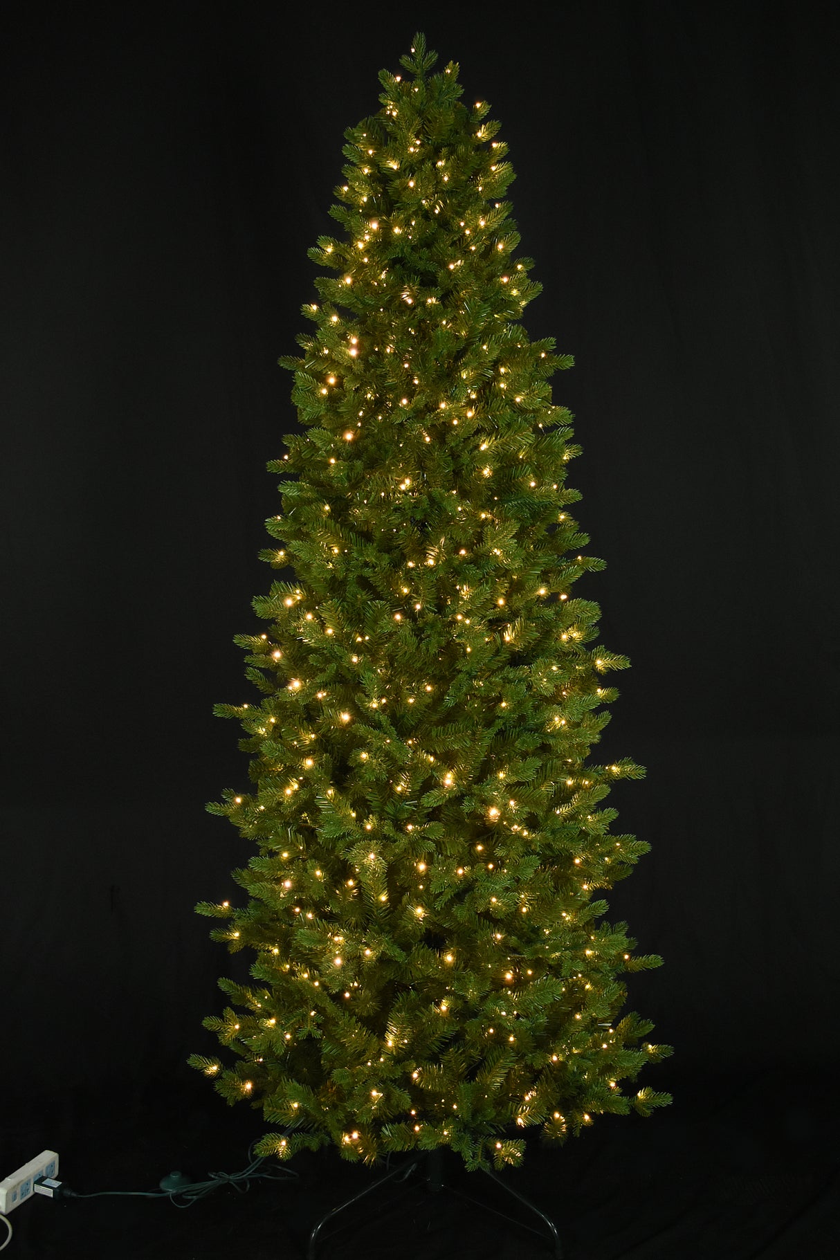 Artificial noble fir tree pre-lit with 750 starry LED lights. The lights can change from warm white to multi-colored.