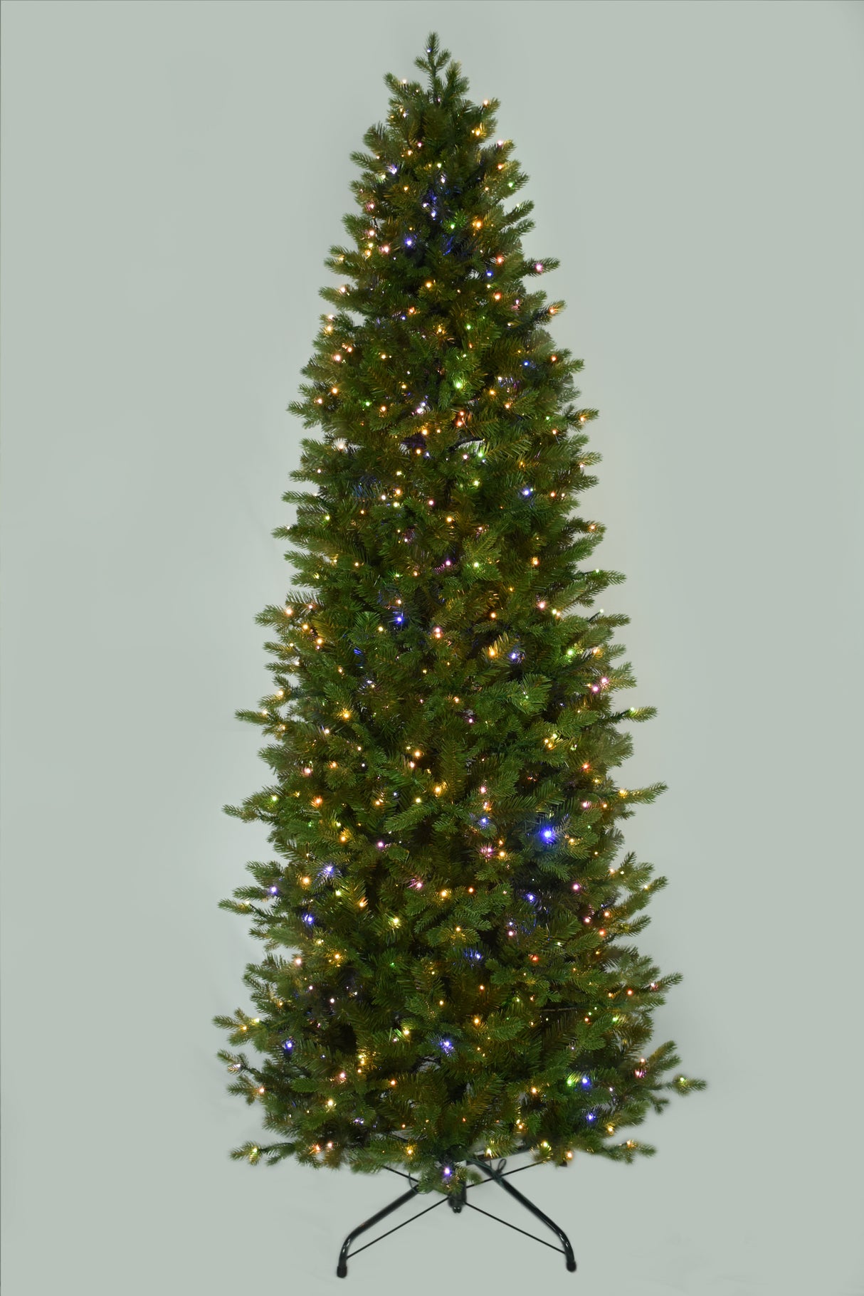 Artificial noble fir tree pre-lit with 750 starry LED lights. The lights can change from warm white to multi-colored.