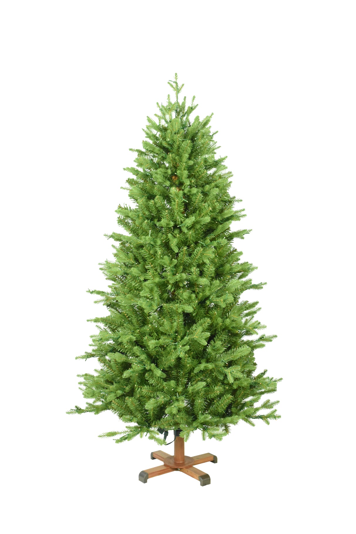 This image shows the tree with the lights turned off. It has a wooden stand. This tree is shown against a white background.