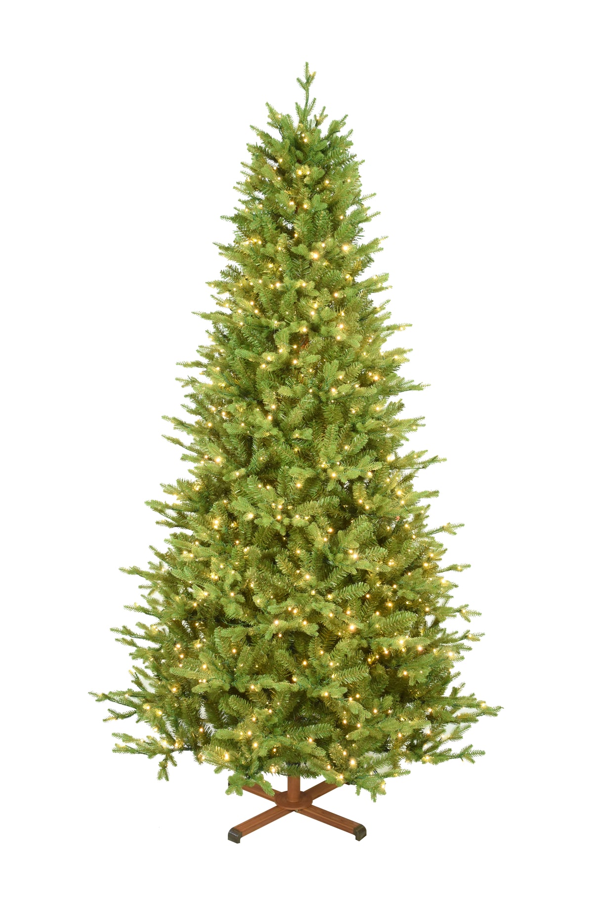 This image shows the 7.5 ft. tree pre-lit with Warm White Starry Lights. It has a wooden tree stand.