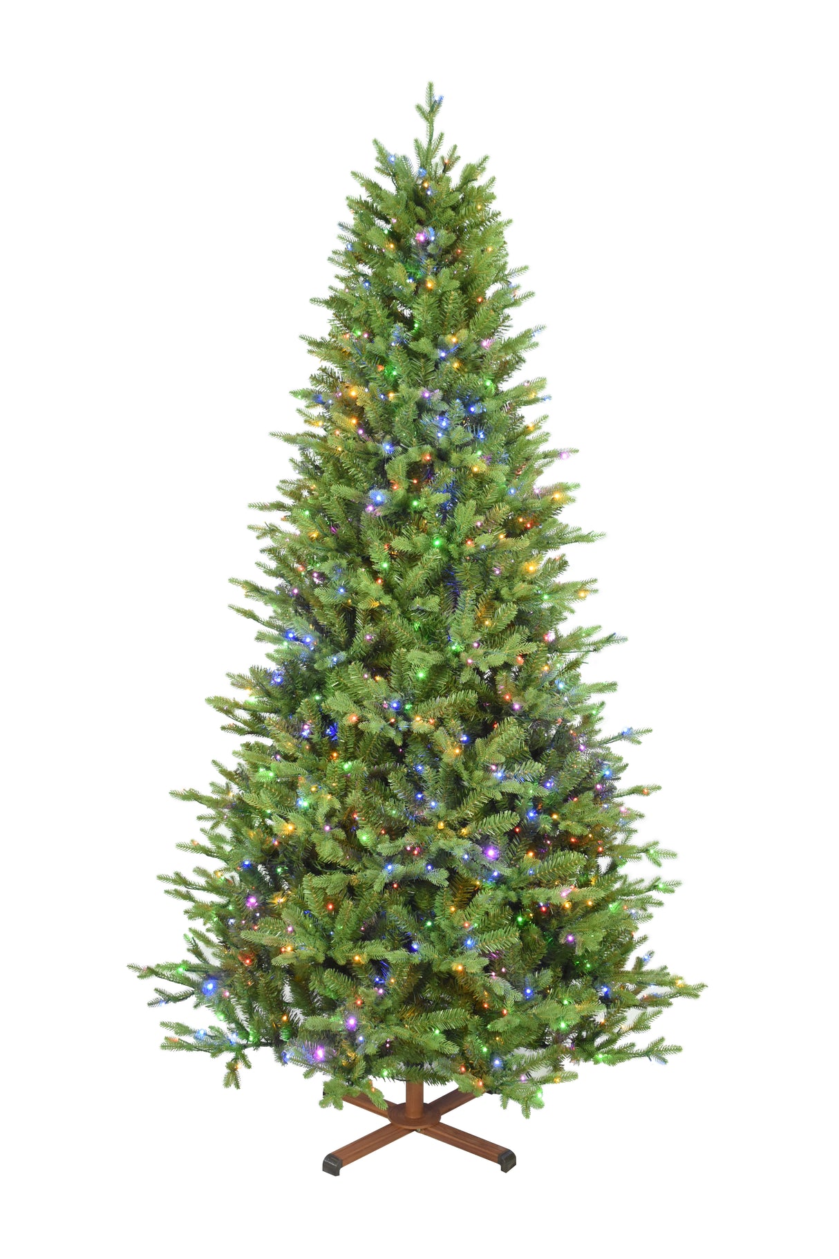 This image shows the tree with Multi-Colored Starry Lights. It has a wooden stand. This tree is shown against a white background.