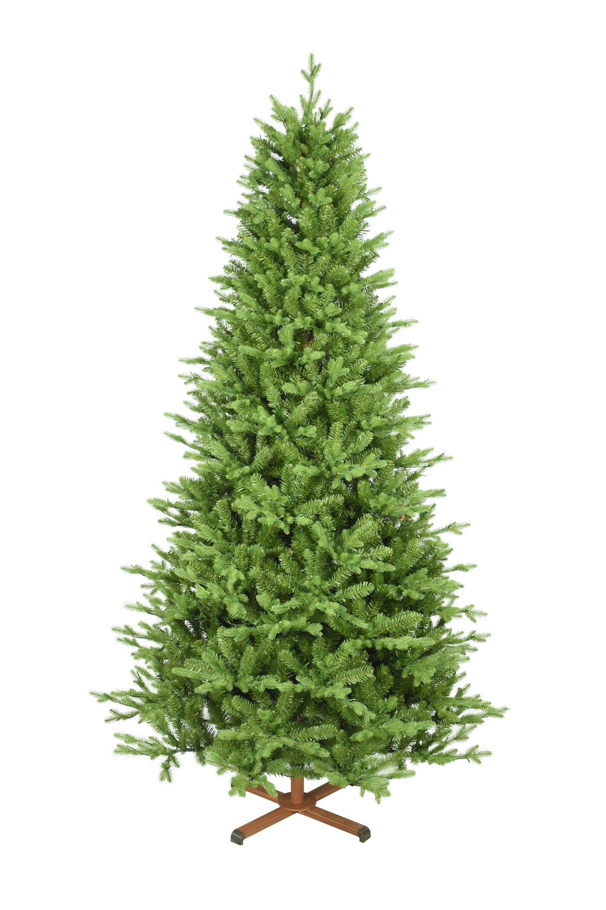 This image shows the tree with the lights turned off. It has a wooden stand. This tree is shown against a white background.
