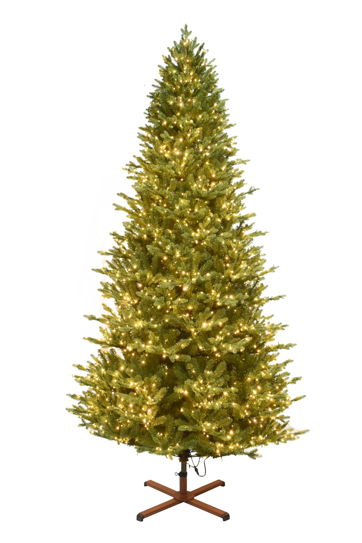 This image shows the 9 ft. tree pre-lit with Warm White Starry Lights. It has a wooden tree stand.