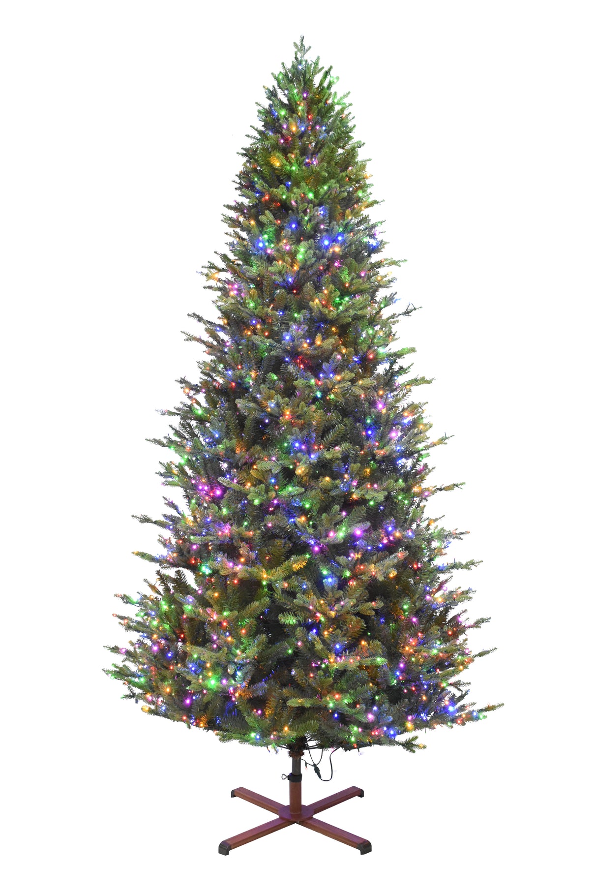 This image shows the tree with Multi-Colored Starry Lights. It has a wooden stand. This tree is shown against a white background.