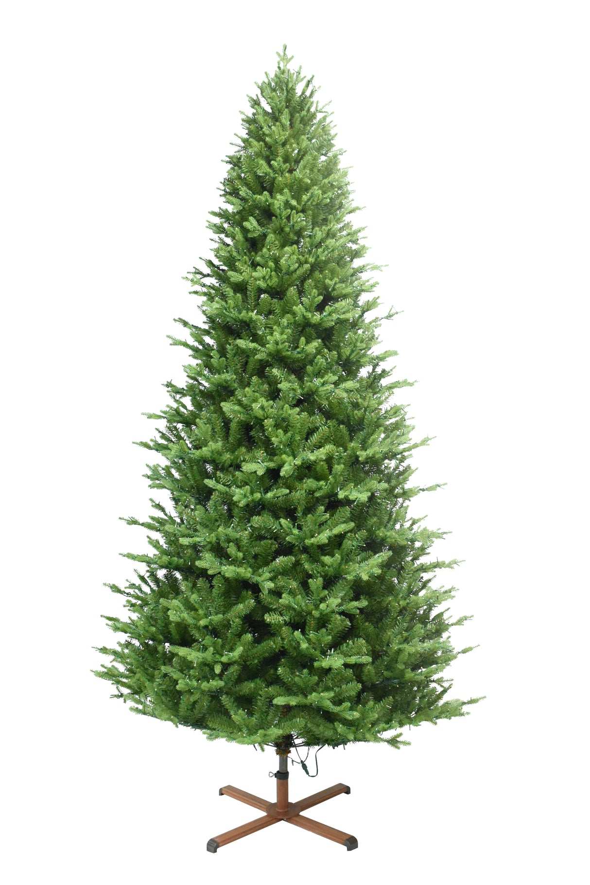 This image shows the tree with the lights turned off. It has a wooden stand. This tree is shown against a white background.