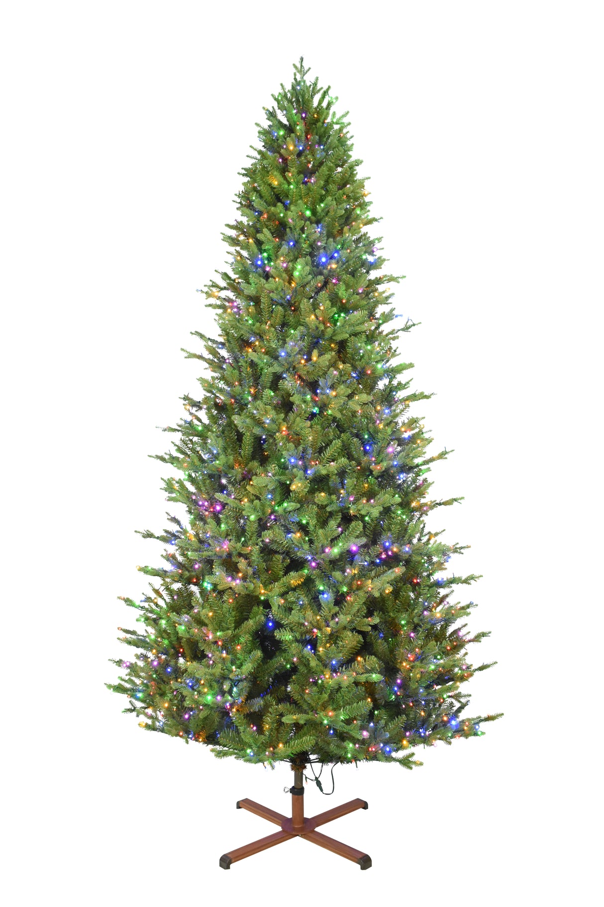 This image shows the tree with Multi-Colored Starry Lights. It has a wooden stand. This tree is shown against a white background.