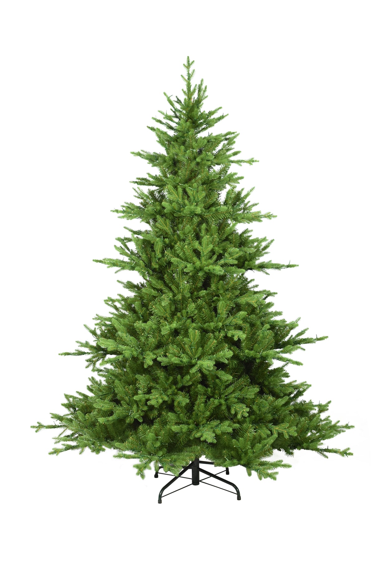 This image shows this specific 7.5 ft. artificial tree with the lights turned off. This tree is up against a white background.