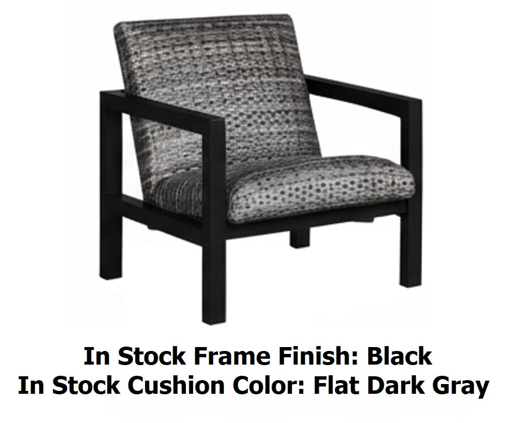 This image shows what the club chair looks like on a white background. The image reads "In Stock Frame Finish: Black. In Stock Cushion Color: Flat Dark Gray."