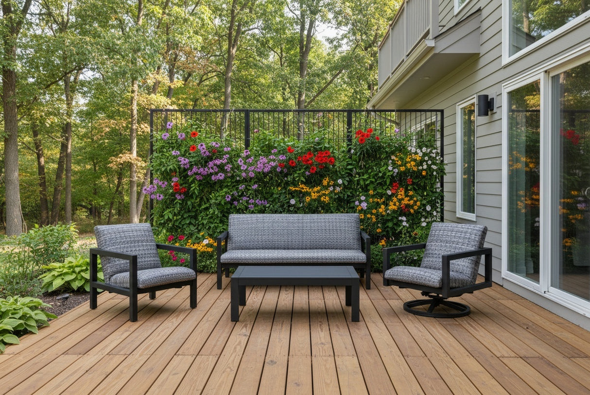 This is a lifestyle image showing this patio furniture set on a wooden deck. There's a black trellis on the deck decorated with lots of colorful flowers.