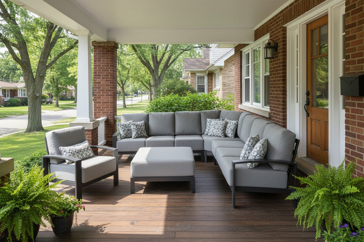 This is a lifestyle image showing the light gray and dark gray colored patio furniture set on a wooden porch in a Midwestern neighborhood. There are potted plants on the deck too.