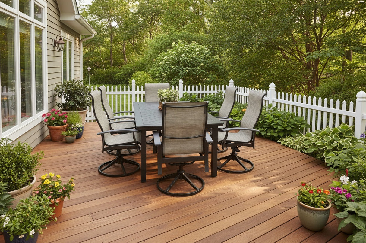This is a lifestyle image showing this patio dining set on a wooden deck on the side of a house. There's a white fence and lots of potted plants.
