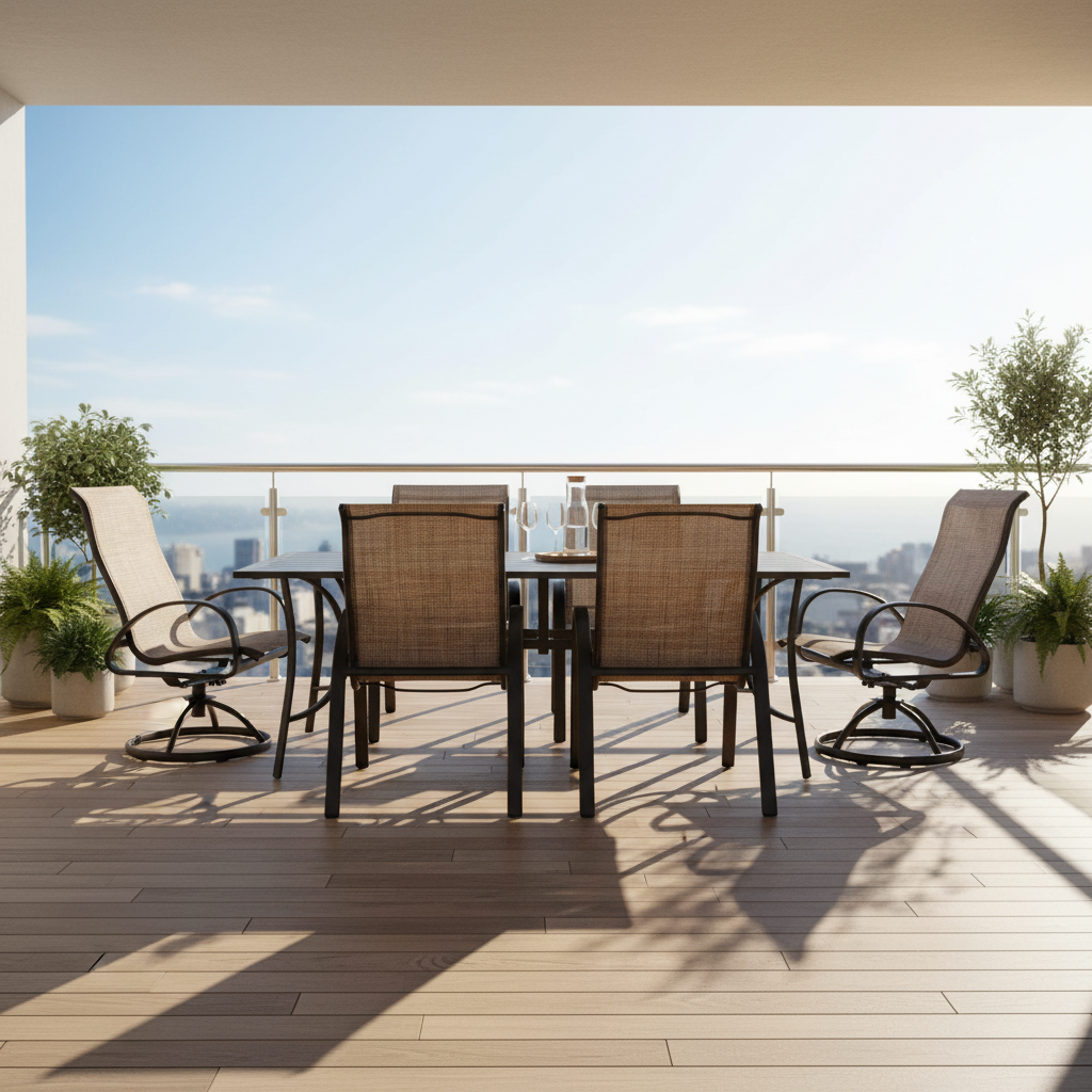 This is a lifestyle image showing this patio dining set with sling backs on a wooden balcony overlooking a city skyline on a sunny day.