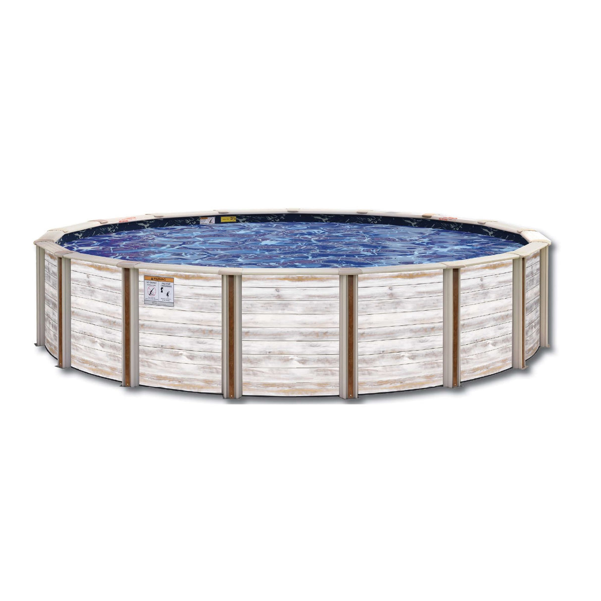 A white faux wooden semi-inground pool on a white background.