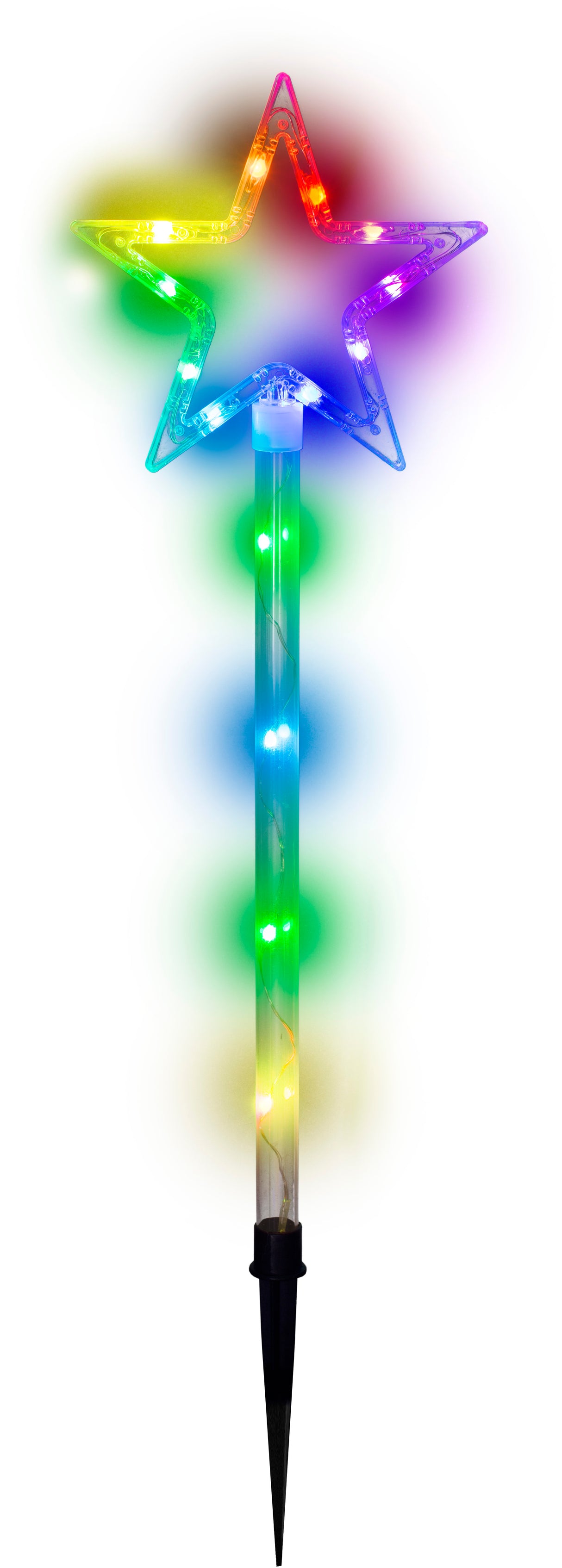 Pathway markers shaped like stars that are pre-lit with LED lights that can be controlled by an app.