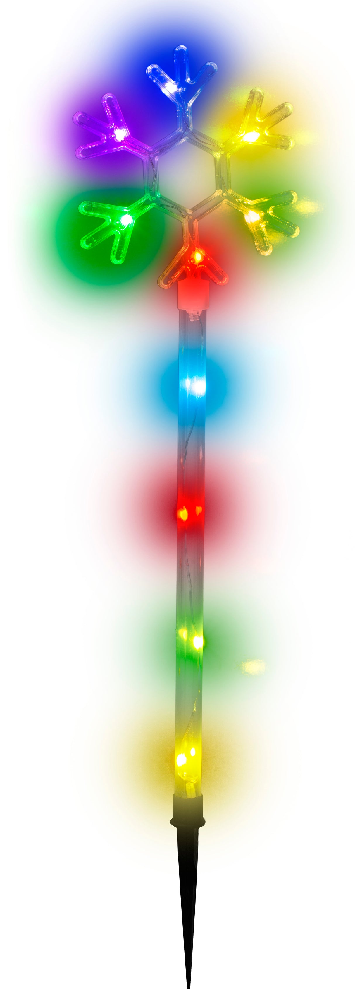 Pathway markers shaped like snowflakes. Pre-lit with LED lights that are controlled by an app.