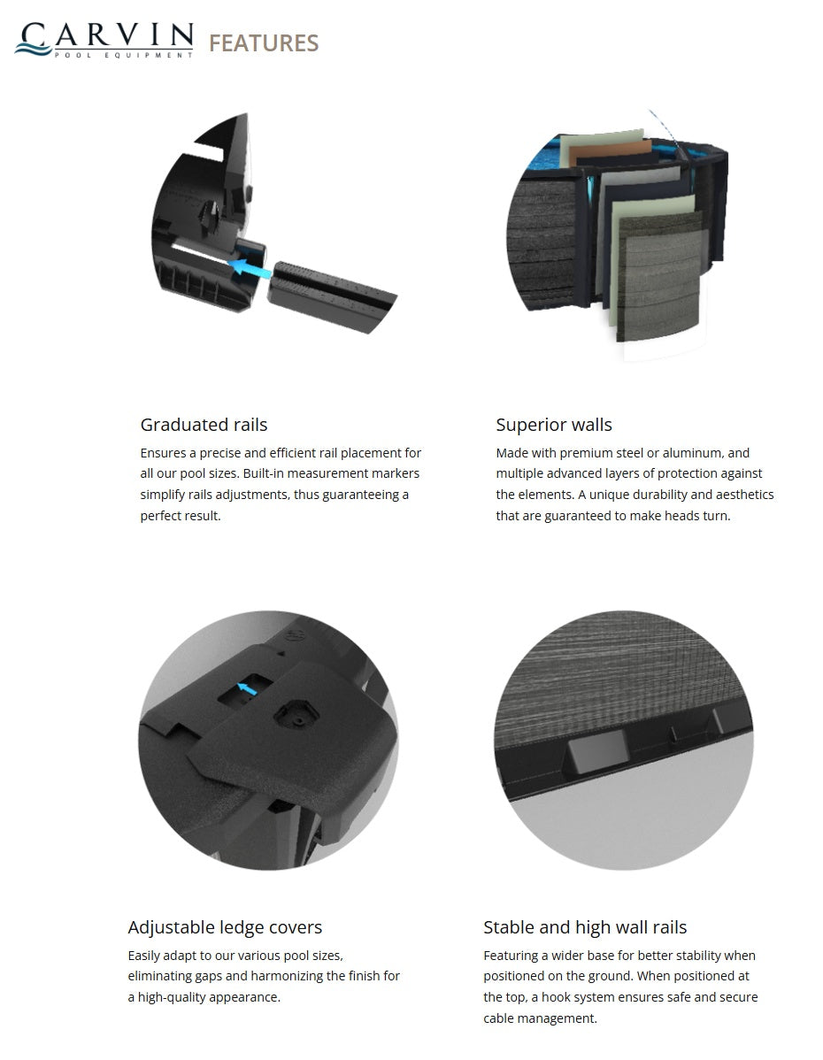 This image lists the different features of this pool. Graduated rails, superior walls, adjustable ledge covers and stable and high wall rails.