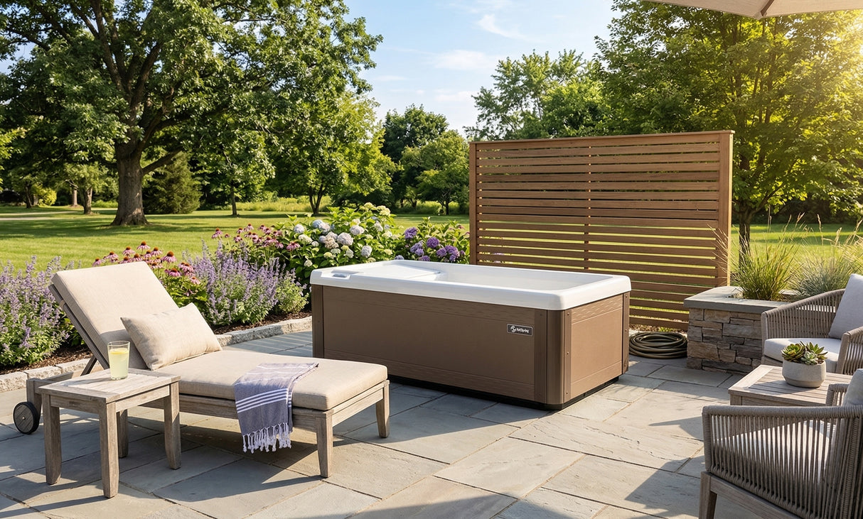 This is a lifestyle image showing the cold plunge tub on a stone patio in a grassy backyard. There are pretty flowers and patio furniture, as well as a privacy fence near the tub.