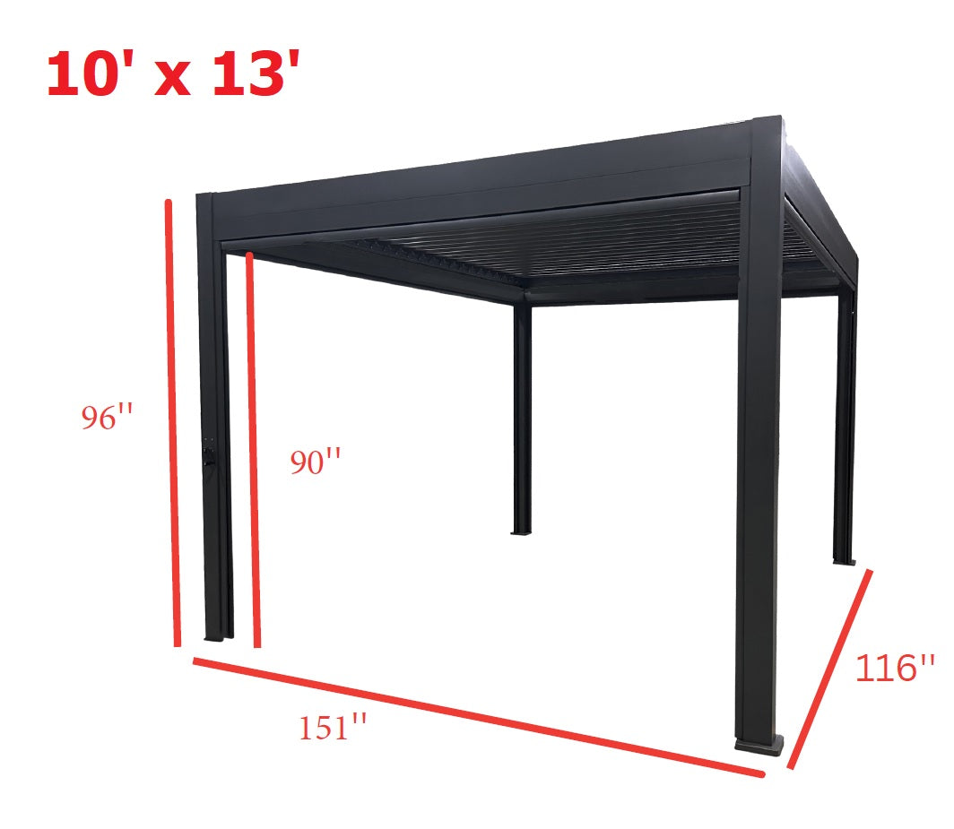 This image shows the 10 ft. by 13 ft. version of the sun shelter and explains the dimensions. From the top to the bottom it is 96 inches by 90 inches. From the bottom of post A to the bottom of post B is 151 inches. From the bottom of post C to the bottom of post D is 116 inches.