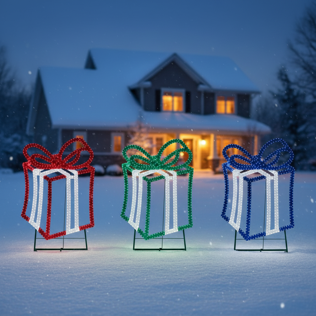 This is a lifestyle image showing the three different presents in the snow in front of a house.