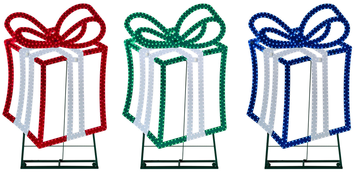 This image shows the three different present decorations on a white background. The presents are red and white, green and white and blue and white.