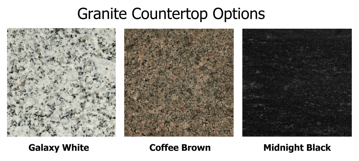 Granite Countertop Options. The Galaxy White option is a mixture of white, gray and black specks. The Coffee Brown option is a mixture of brown, reddish-brown and dark brown specks. The Midnight Black option is a mixture of dark black, black and little hints of gray.