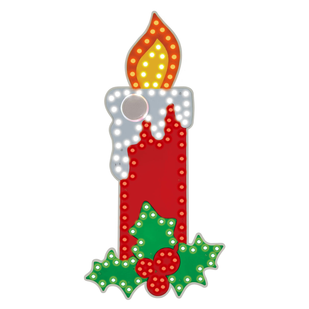 This image shows the candle decoration on a white background. The flame border is orange and the inside is yellow. The wax on top of the candle is white and the candle itself is red. The holly leaves are green and there are three red berries in the center of the leaves.