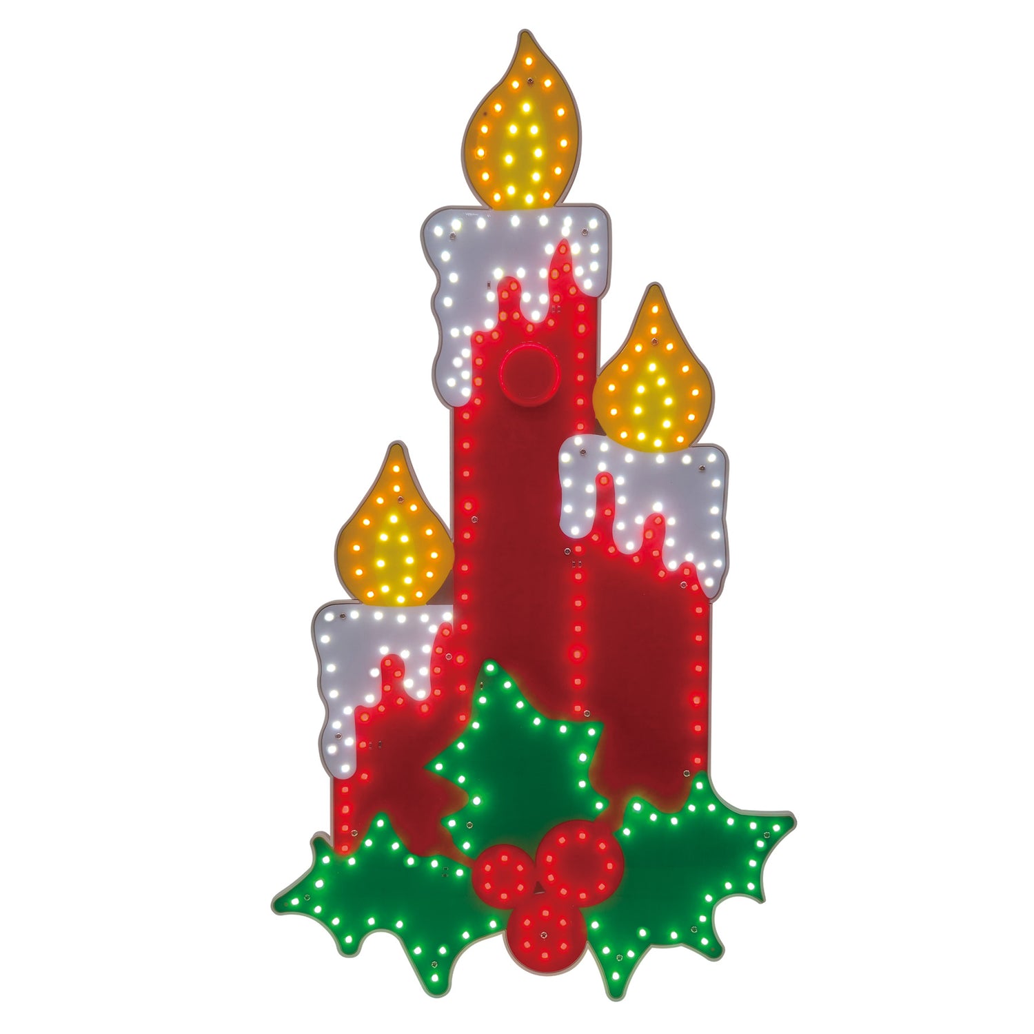 This image shows the candle trio decoration on a white background. The flames are orange and yellow. Each candle has white wax melting from the top and the candles are red. There are three green holly leaves and three red berries at the center of the decoration.