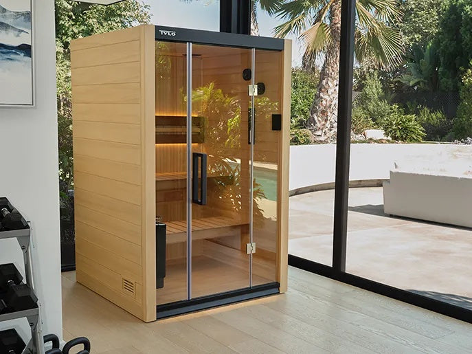 This is a lifestyle image showing the sauna inside someone's house.