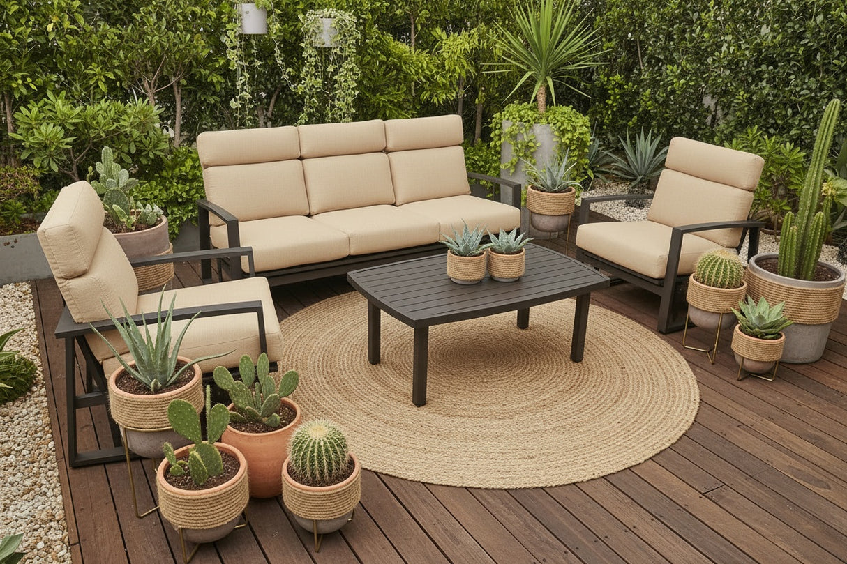 This is a lifestyle image showing this patio furniture set on a wooden porch surrounded by bushes and potted cacti plants.