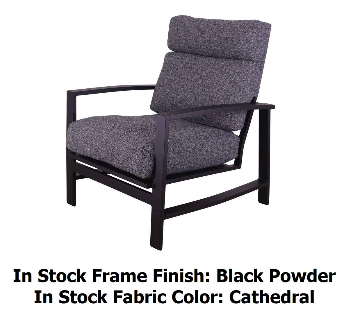 This image shows what the club chair looks like on a white background. The image reads "In Stock Frame Finish: Black Powder. In Stock Fabric Color: Cathedral."