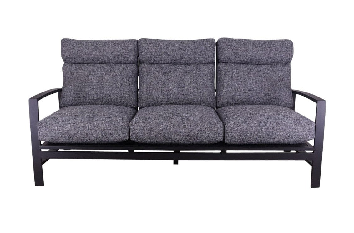 This image shows the sofa on a white background. The frames are black and the cushions are gray.