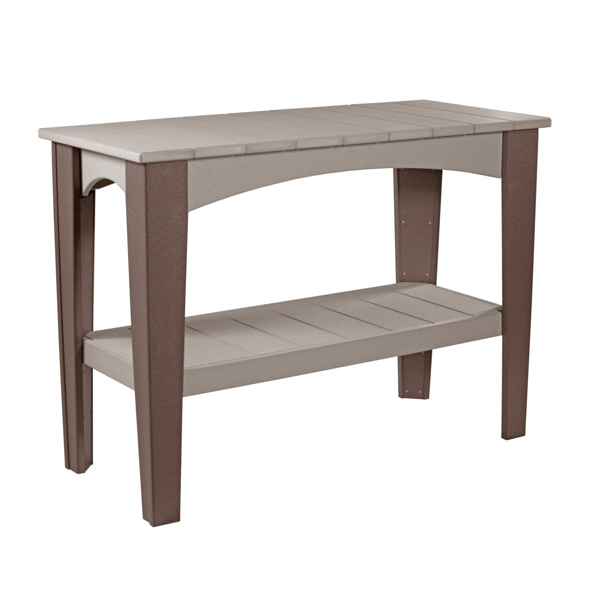 This is the Weatherwood and Chestnut Brown colored Island Buffet Table on a white background.