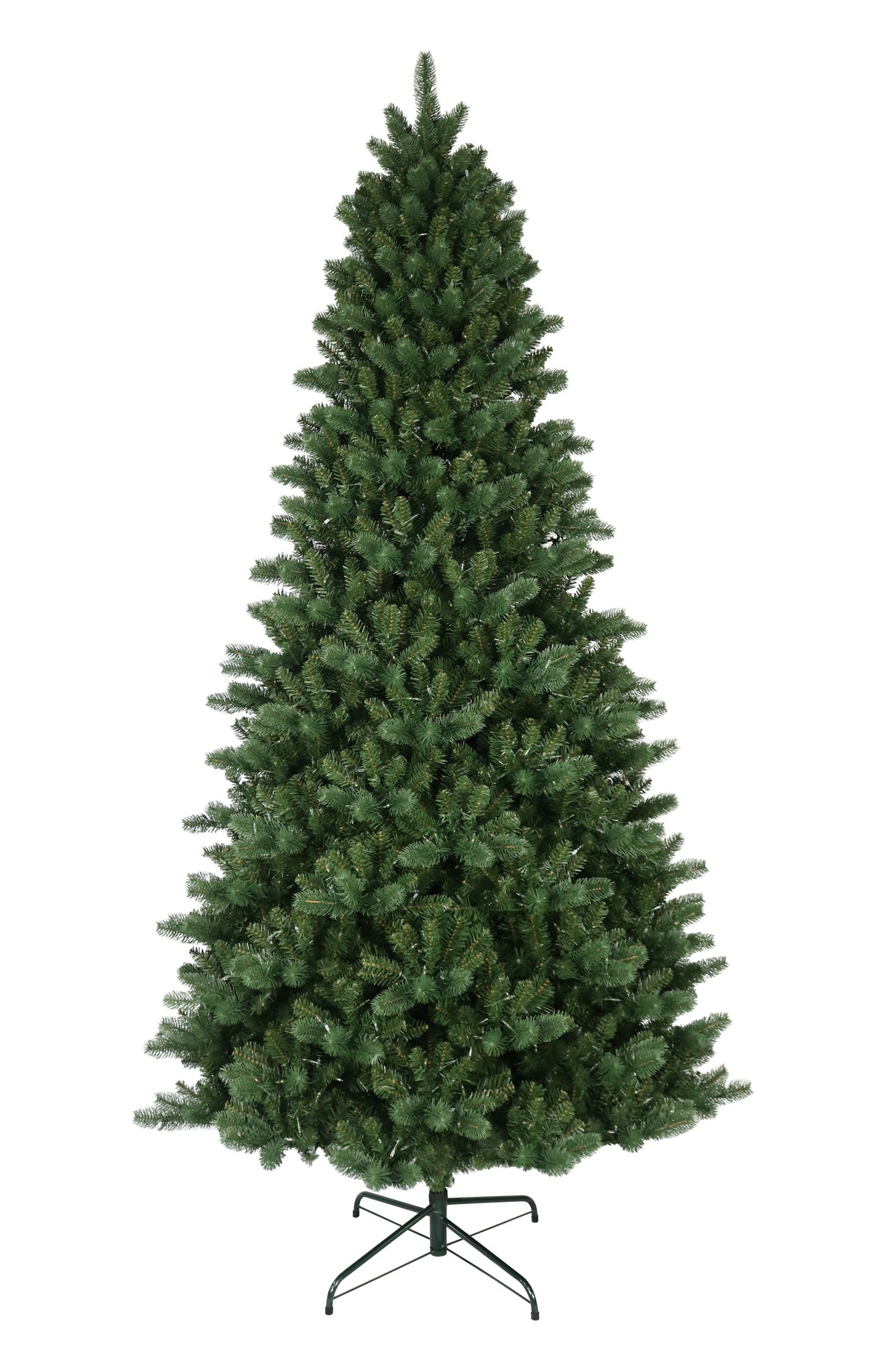 This is an artificial tree with the lights turned off. This tree is up against a white background.