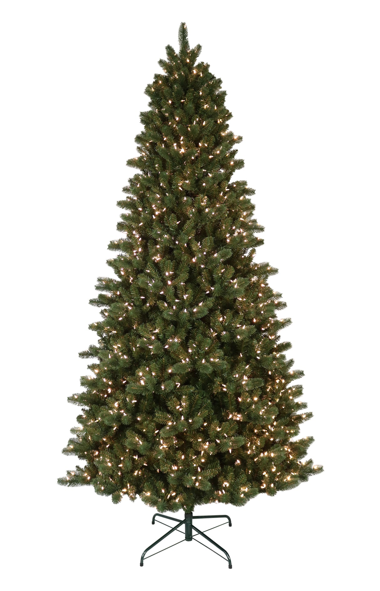 This is an artificial tree with Warm White Starry Lights on. This tree is up against a white background.