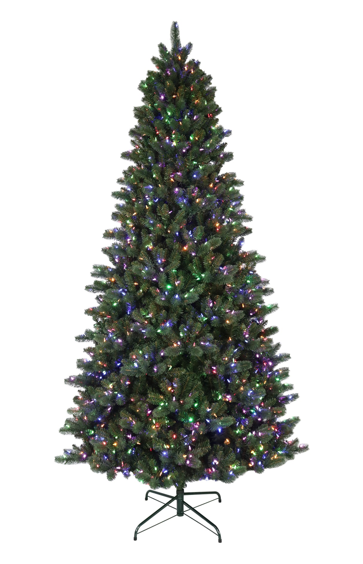 This is an artificial tree with Multi-Colored Starry Lights on. This tree is up against a white background.
