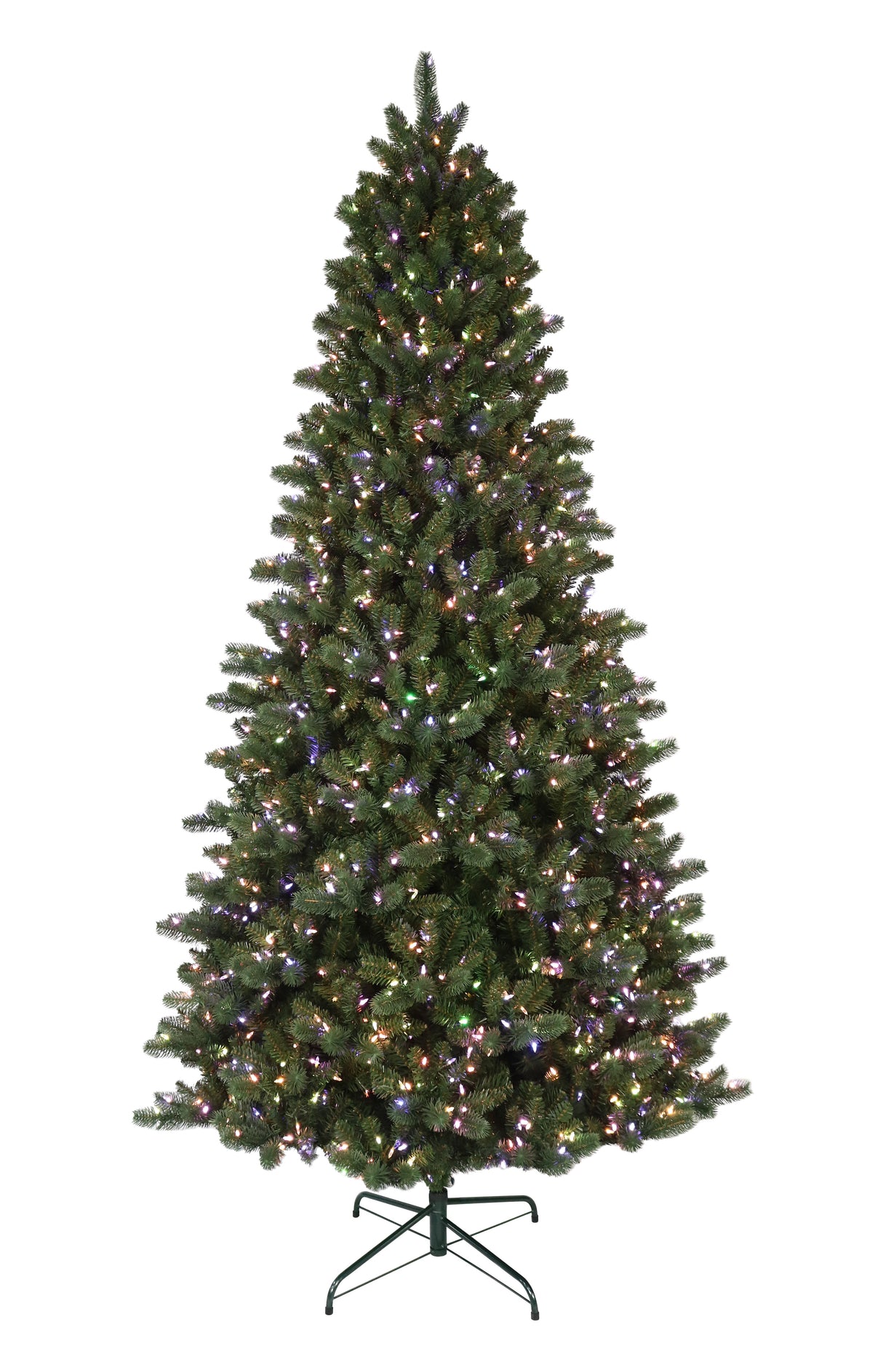 This is an artificial tree with Multi-Colored Starry Lights on. This tree is up against a white background.