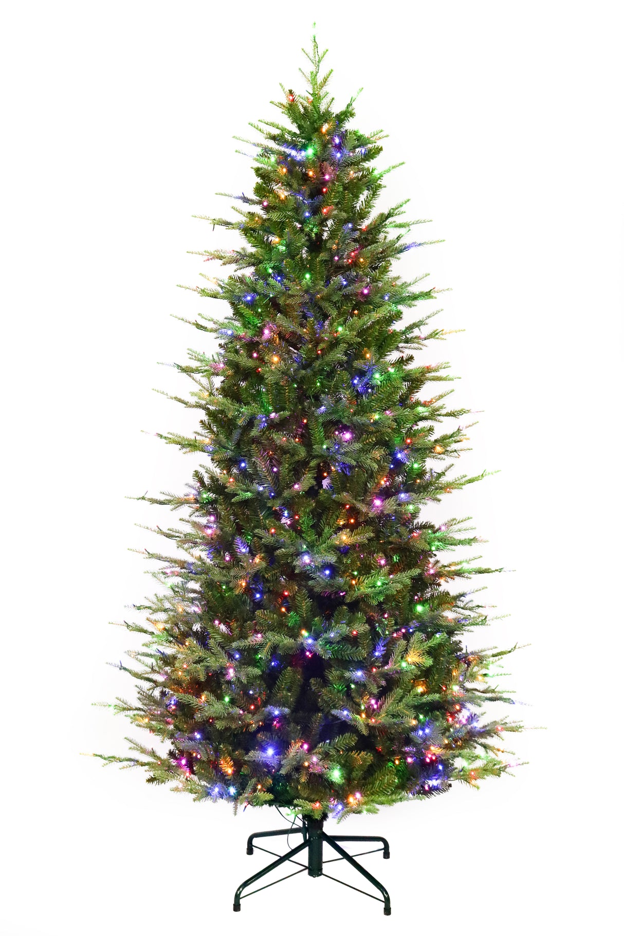 Artificial Christmas tree with color-changing, starry LED lights.
