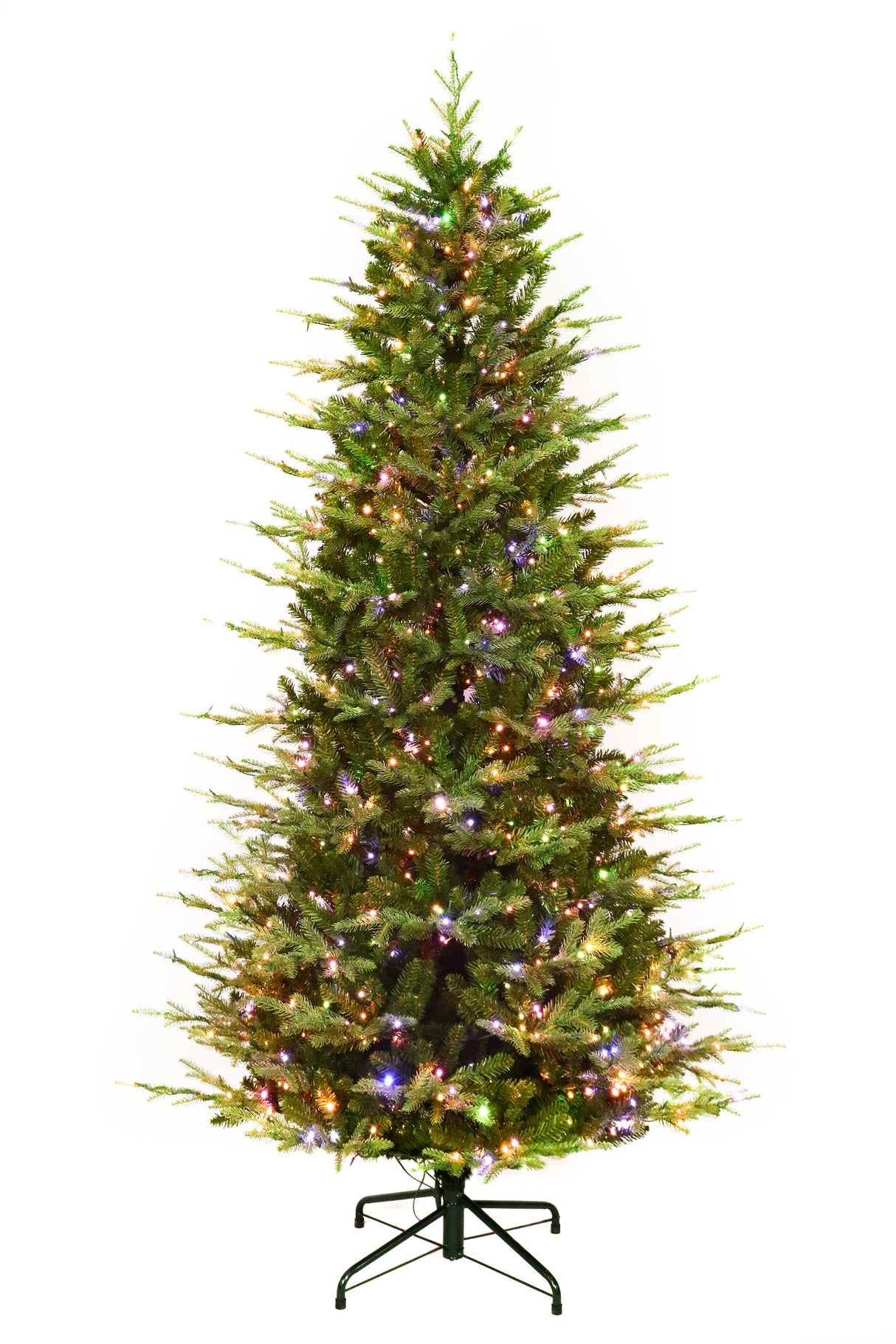 Artificial Christmas tree with color-changing, starry LED lights.