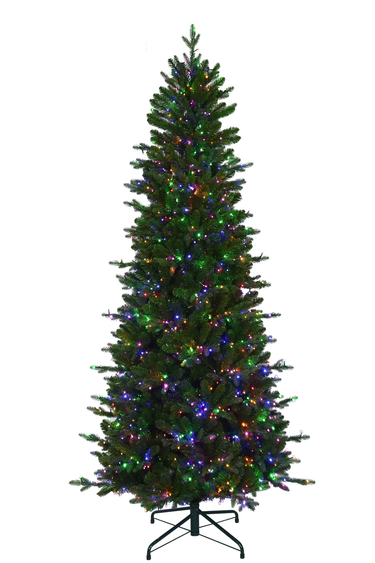 This image shows this specific tree with the multi-colored Starry LED lights on on a white background.