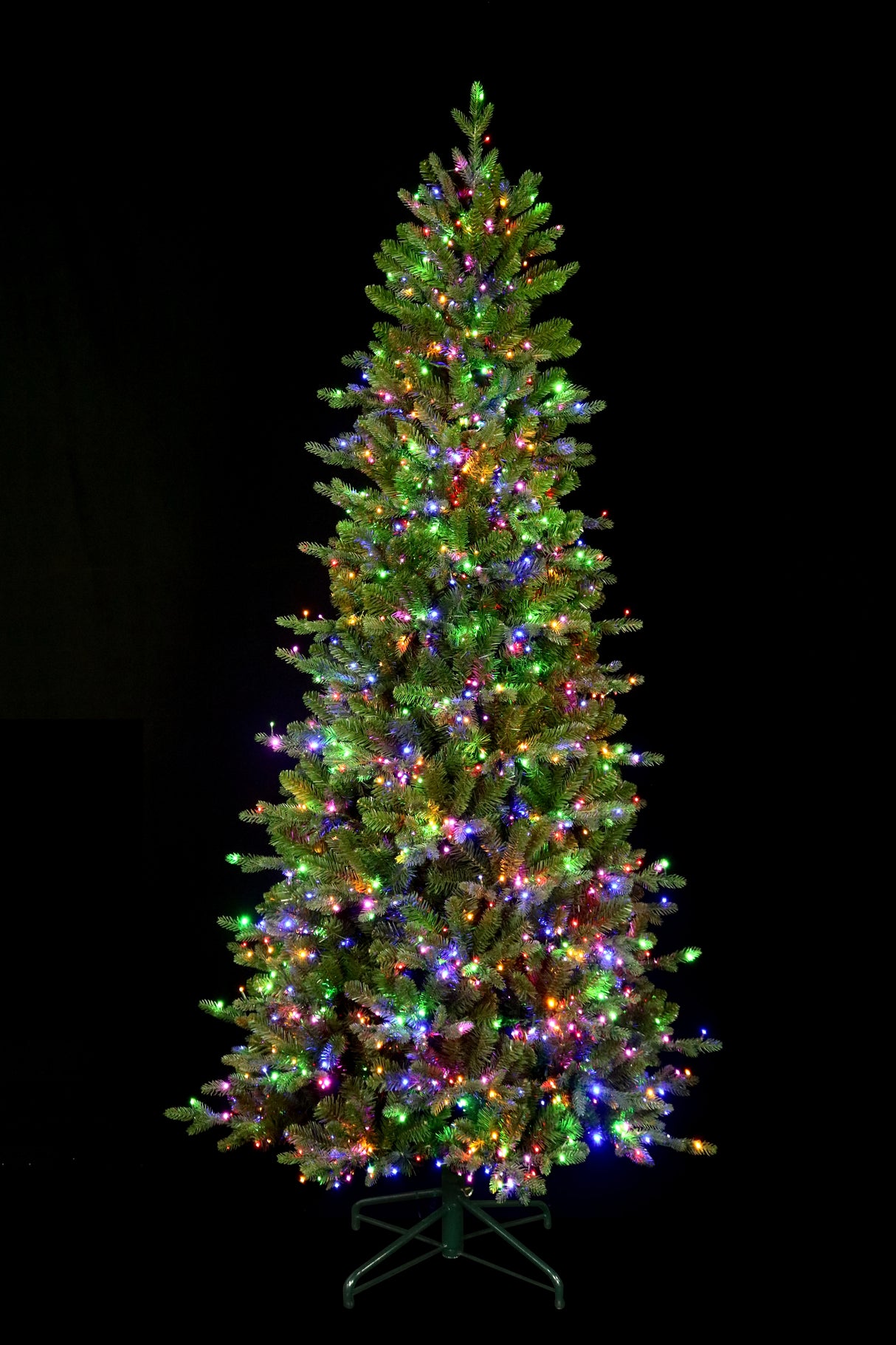 This image shows this specific tree with the multi-colored lights on on a black background.