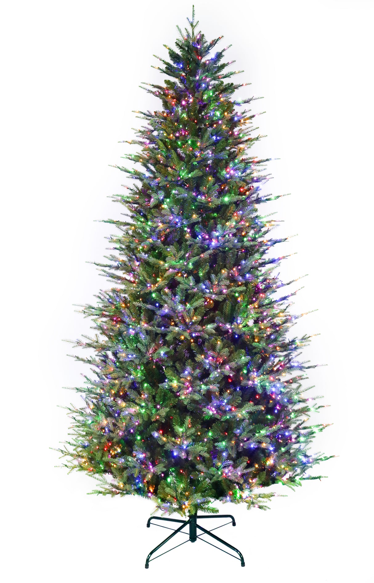 Artificial Christmas tree pre-lit with color-changing LED lights.
