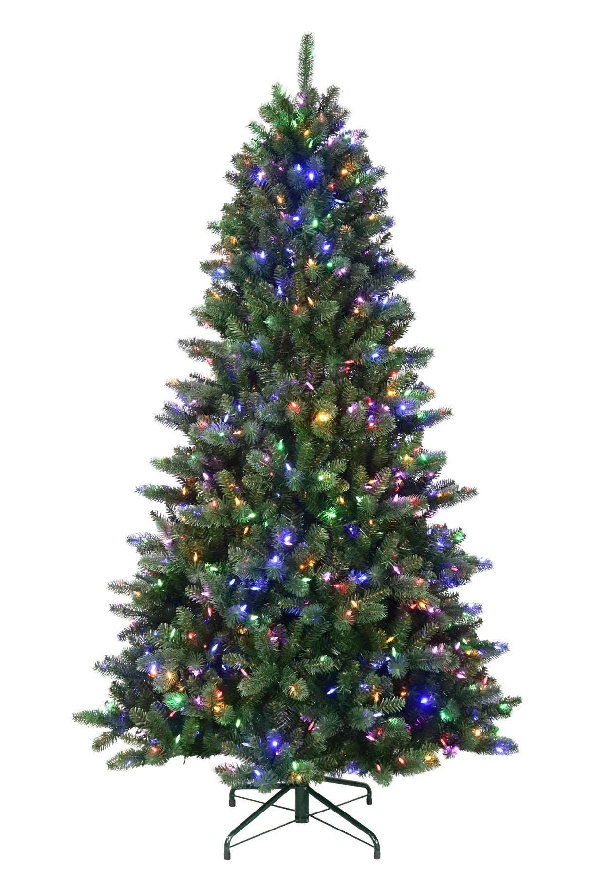 This is an artificial tree with Multi-Colored Starry Lights on. This tree is up against a white background.